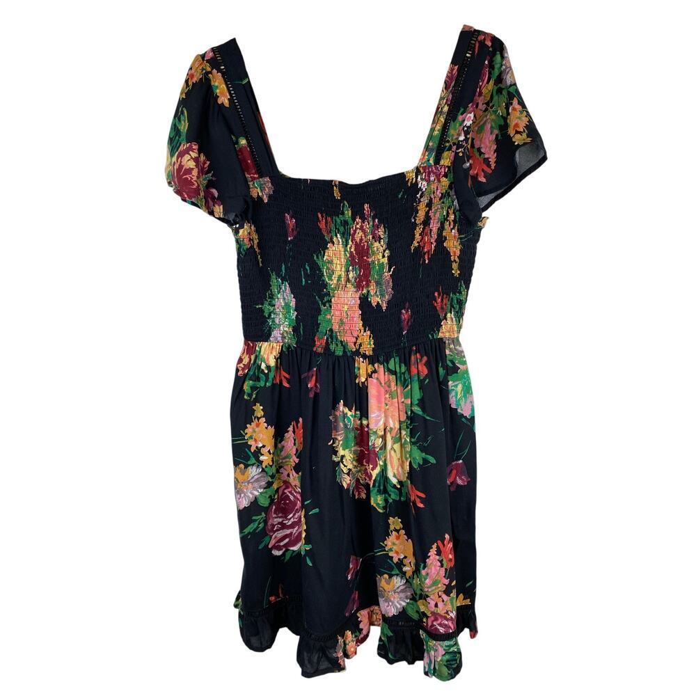 Band of Gypsies Women's L Black Floral Smocked Top Mini Square Neck Dress